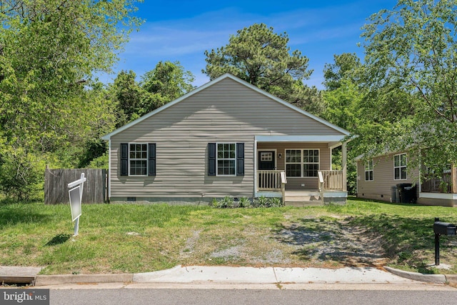 view of front facade featuring covered porch, crawl space, fence, and a front yard