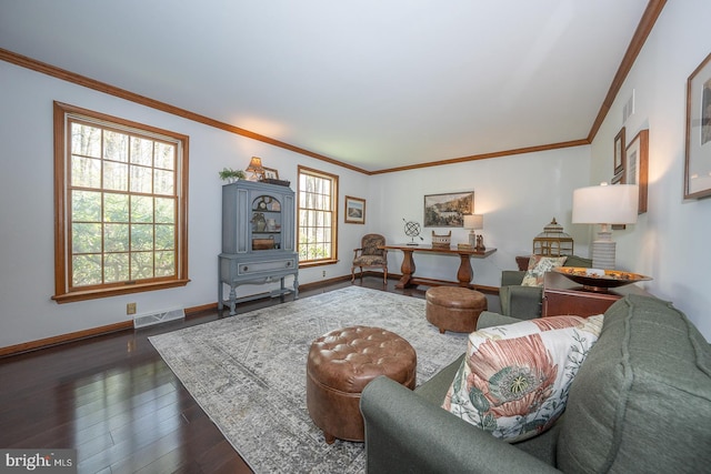 living area with ornamental molding, dark wood-style floors, and visible vents