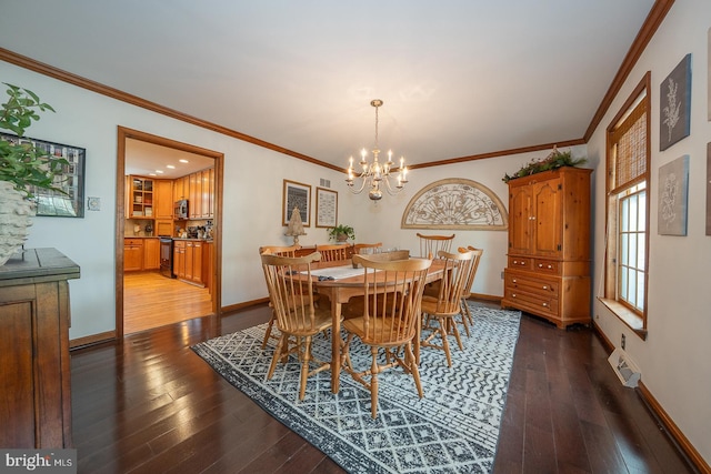 dining space featuring dark wood-style flooring, baseboards, and a chandelier