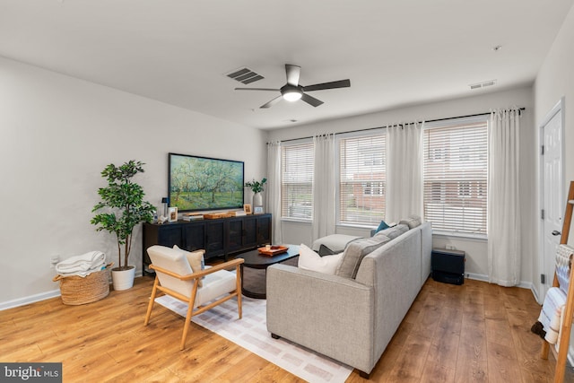9451 James Macgowan Ln, Owings Mills, MD 21117 - living area featuring visible vents, ceiling fan, hardwood / wood-style floors, and baseboards