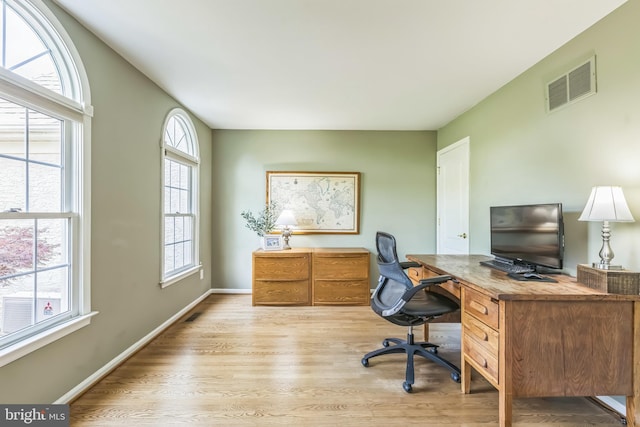 home office with visible vents, light wood-style flooring, and baseboards