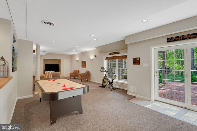 recreation room with ornate columns, visible vents, recessed lighting, and carpet floors