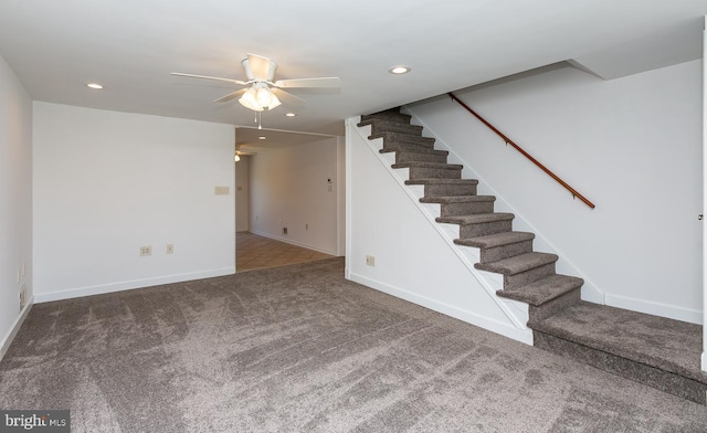 interior space with recessed lighting, carpet, a ceiling fan, and stairs