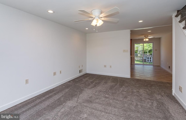 carpeted empty room with a ceiling fan, baseboards, recessed lighting, and visible vents