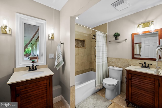 219 Gateswood Rd, Lutherville Timonium, MD 21093 - bathroom featuring toilet, visible vents, shower / bath combination with curtain, tile patterned floors, and vanity