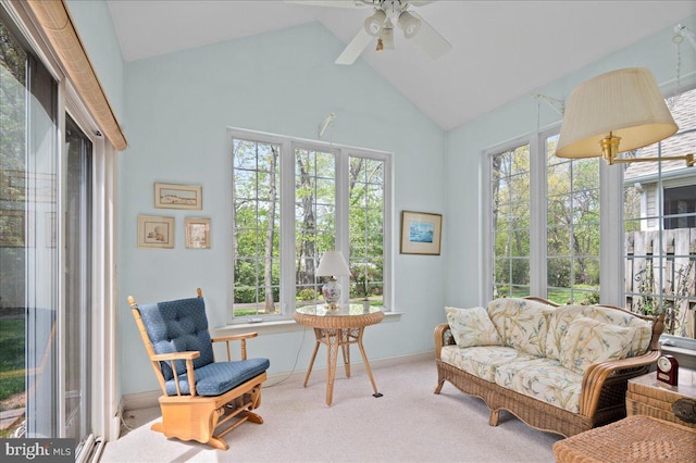 sitting room featuring plenty of natural light, carpet, ceiling fan, and baseboards