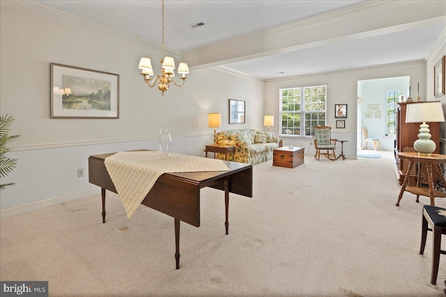 carpeted dining room with an inviting chandelier, baseboards, ornamental molding, and visible vents