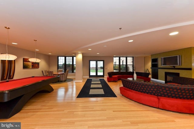 game room featuring a fireplace, recessed lighting, pool table, baseboards, and wood finished floors