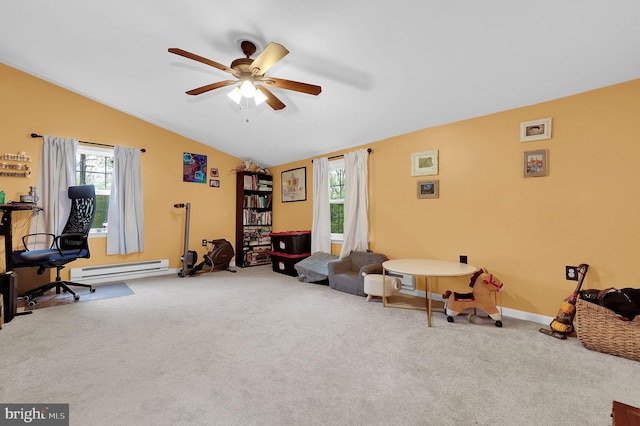 1112 Conservation Dr, Hedgesville, WV 25427 - living area with carpet floors, vaulted ceiling, a ceiling fan, a baseboard heating unit, and baseboards