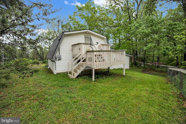 1112 Conservation Dr, Hedgesville, WV 25427 - rear view of property with a wooden deck, stairs, a gambrel roof, and view of scattered trees