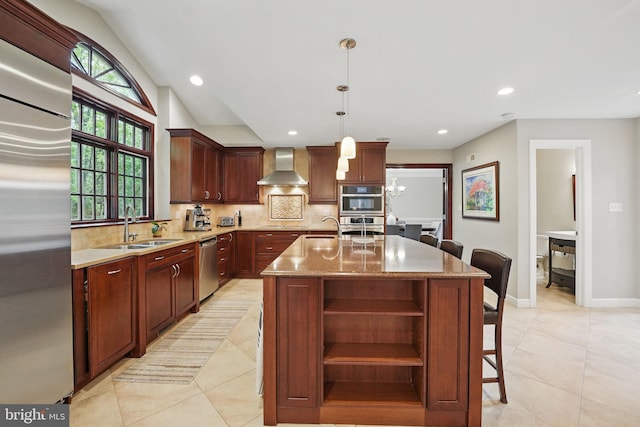 1253 Rowland Dr, Herndon, VA 20170 - kitchen featuring stainless steel appliances, a sink, wall chimney exhaust hood, decorative backsplash, and open shelves