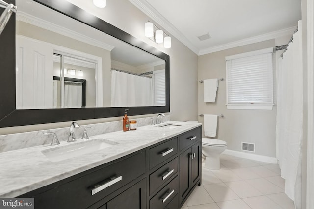 1253 Rowland Dr, Herndon, VA 20170 - full bath with toilet, baseboards, ornamental molding, double vanity, and tile patterned floors