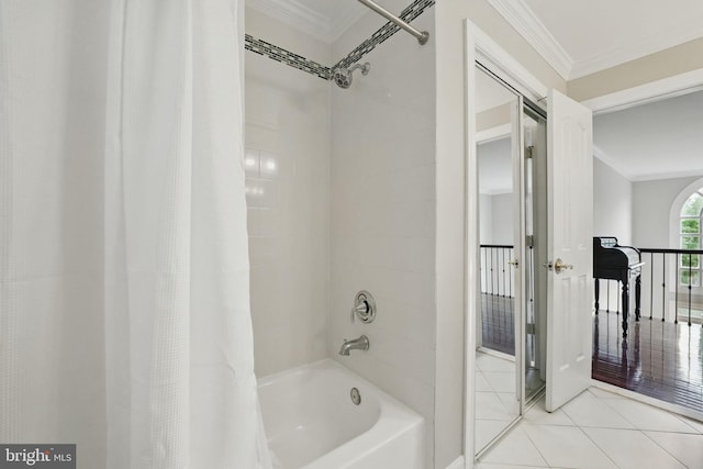 1253 Rowland Dr, Herndon, VA 20170 - bathroom featuring ornamental molding, tile patterned floors, and shower / tub combo with curtain