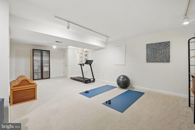 1253 Rowland Dr, Herndon, VA 20170 - workout room with rail lighting, carpet flooring, and baseboards