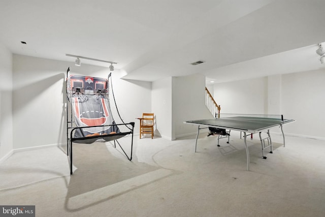 1253 Rowland Dr, Herndon, VA 20170 - rec room featuring carpet, rail lighting, and baseboards