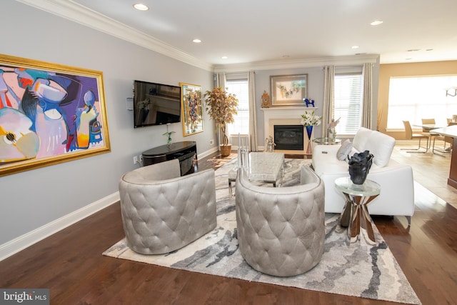 living room with wood finished floors, baseboards, a glass covered fireplace, ornamental molding, and recessed lighting