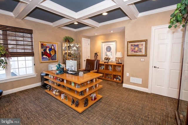 home office with visible vents, coffered ceiling, dark carpet, and baseboards