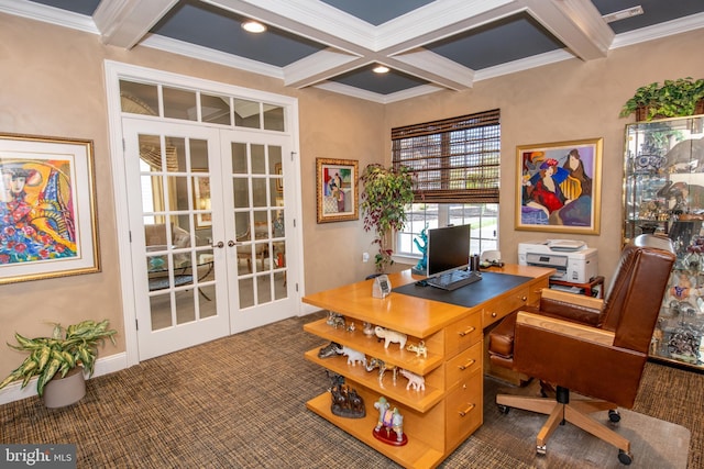 office space with french doors, coffered ceiling, beam ceiling, and dark colored carpet