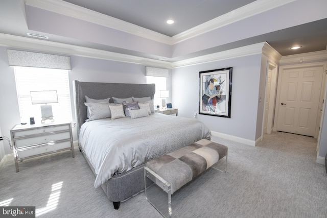 carpeted bedroom with crown molding, recessed lighting, baseboards, and visible vents