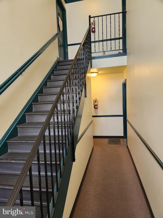 1 Warthens Way Unit H, Emmitsburg, MD 21727 - stairway featuring a high ceiling, baseboards, and carpet flooring