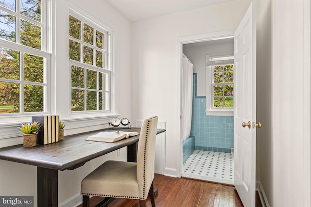 dining space featuring dark wood-type flooring
