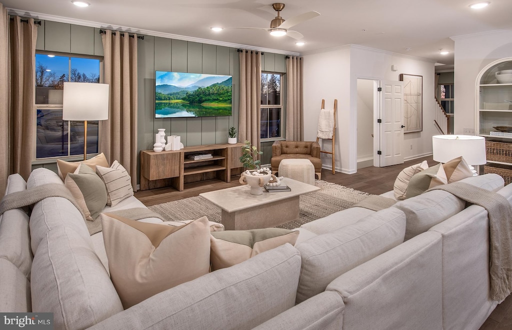10 Eagle Ct, Horsham, PA 19044 - living room with crown molding, baseboards, recessed lighting, wood finished floors, and a ceiling fan