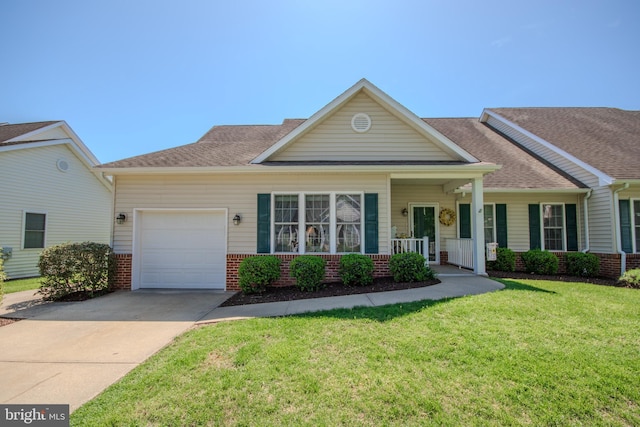 ranch-style house with an attached garage, brick siding, a front yard, covered porch, and driveway