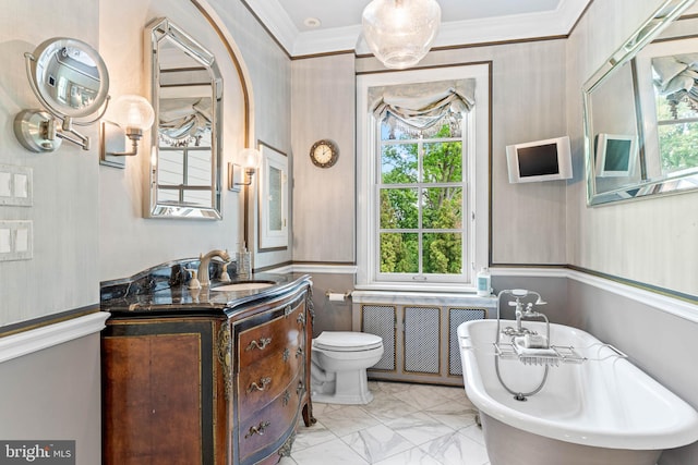 bathroom featuring healthy amount of natural light, marble look tile flooring, crown molding, and a freestanding tub