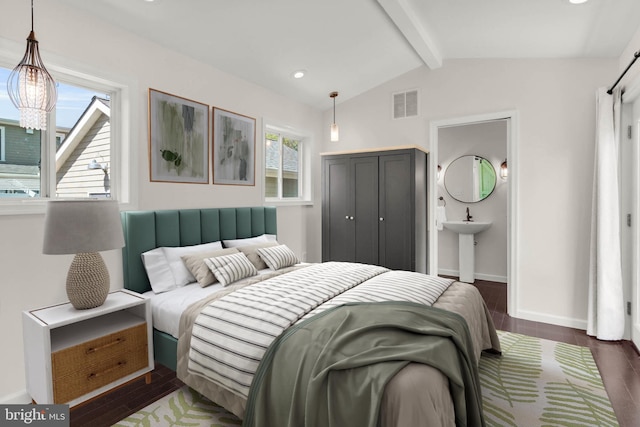 bedroom with recessed lighting, baseboards, vaulted ceiling with beams, wood finished floors, and visible vents