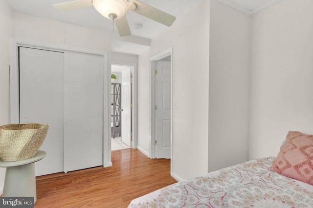 bedroom with a closet, light wood finished floors, and ceiling fan