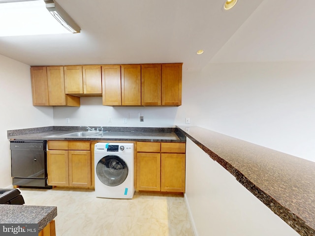 4600 Duke St Unit 1018, Alexandria, VA 22304 - kitchen with washer / dryer, dark countertops, black dishwasher, recessed lighting, and a sink