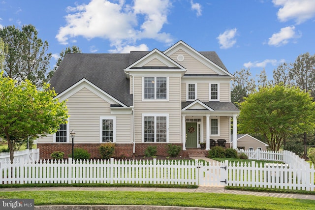 6 Crawford Ln, Stafford, VA 22556 - view of front of house with a gate, covered porch, a fenced front yard, and brick siding