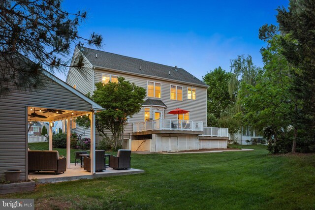 6 Crawford Ln, Stafford, VA 22556 - rear view of property with a wooden deck, an outdoor living space, a ceiling fan, a patio, and a yard