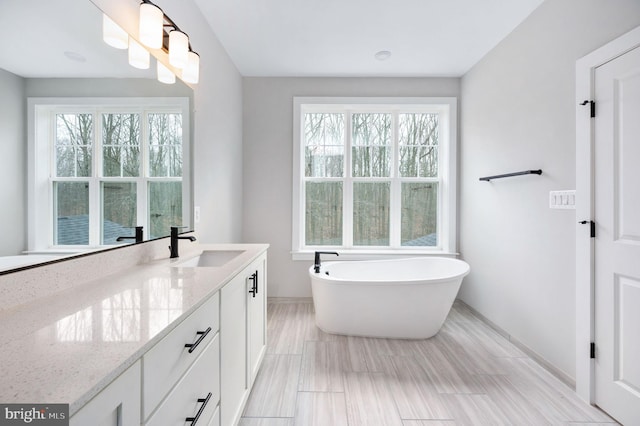full bathroom with baseboards, a soaking tub, and vanity
