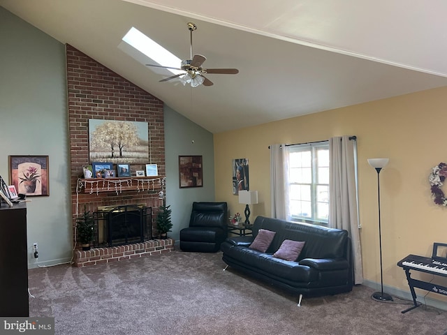 carpeted living area with a brick fireplace, high vaulted ceiling, a ceiling fan, baseboards, and a skylight