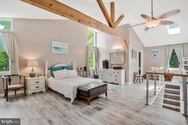611 Cypress Rd, Severna Park, MD 21146 - bedroom featuring baseboards, high vaulted ceiling, beamed ceiling, light wood-type flooring, and a skylight
