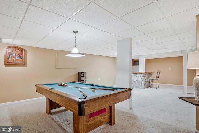 611 Cypress Rd, Severna Park, MD 21146 - rec room featuring billiards, carpet, baseboards, and a paneled ceiling