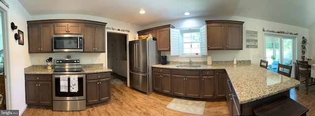 kitchen with plenty of natural light, a sink, appliances with stainless steel finishes, and a peninsula