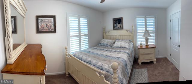 carpeted bedroom with a ceiling fan, baseboards, and multiple windows