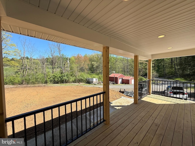 159 Rudloff Ln, Mohnton, PA 19540 - wooden deck featuring an outdoor structure and a wooded view