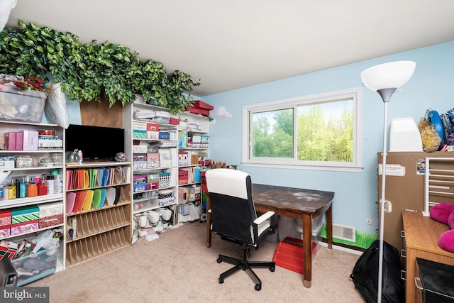 home office with carpet floors and visible vents