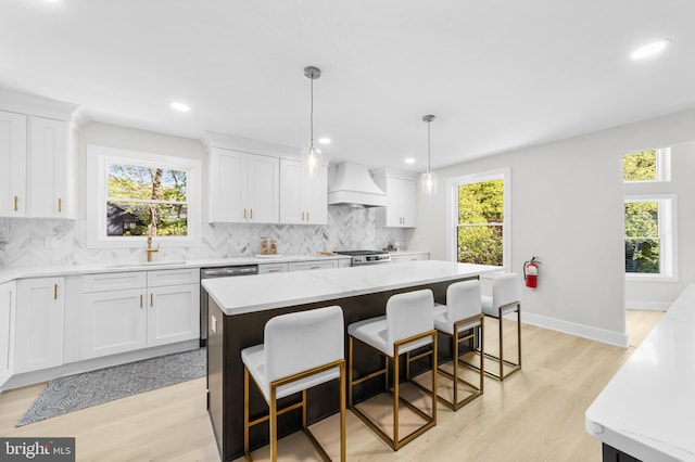 kitchen with decorative backsplash, stainless steel dishwasher, premium range hood, light wood-style floors, and white cabinetry