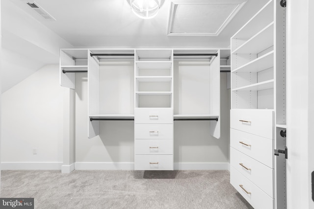 spacious closet featuring carpet flooring and visible vents