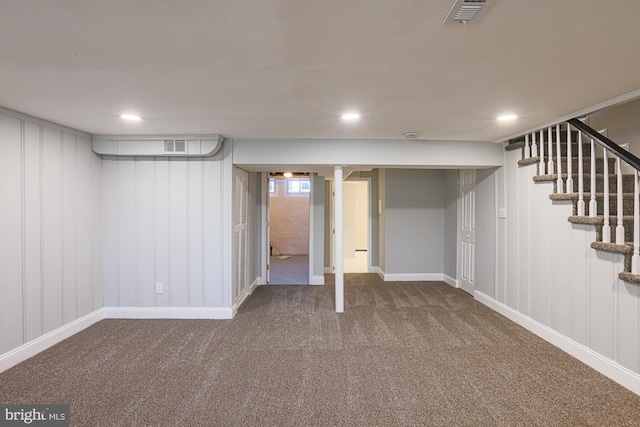 basement with carpet flooring, recessed lighting, visible vents, and stairs