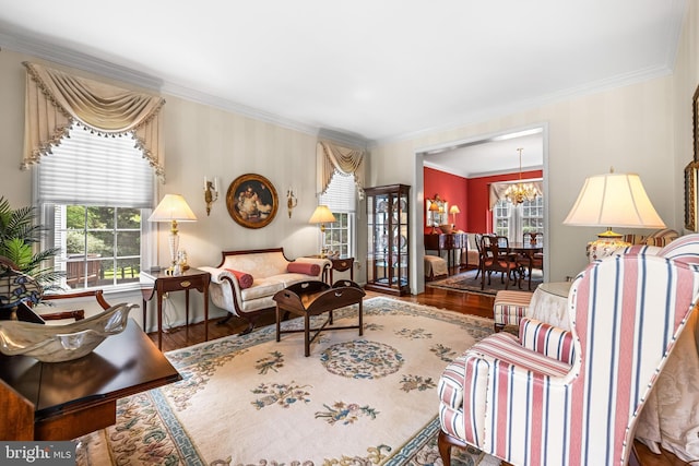 9 Selsed Garth, Lutherville Timonium, MD 21093 - living area featuring ornamental molding, wood finished floors, and a notable chandelier