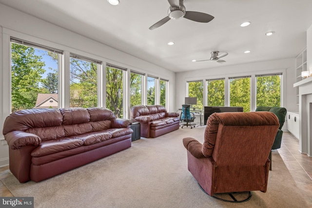 23 Deerfield Rd, Lancaster, PA 17603 - living area featuring recessed lighting, ceiling fan, and a fireplace