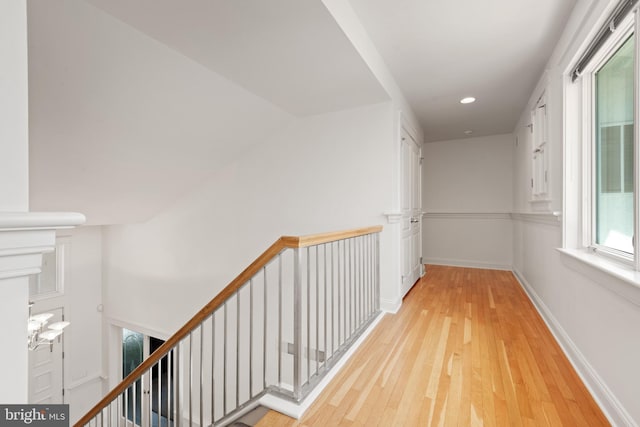 23 Deerfield Rd, Lancaster, PA 17603 - hall with baseboards, recessed lighting, an upstairs landing, and light wood finished floors
