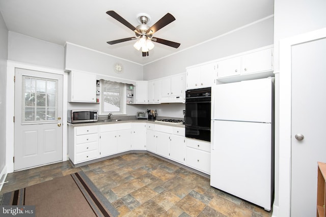 1104 High St, Haddon Heights, NJ 08035 - kitchen featuring freestanding refrigerator, oven, stainless steel microwave, a warming drawer, and ceiling fan