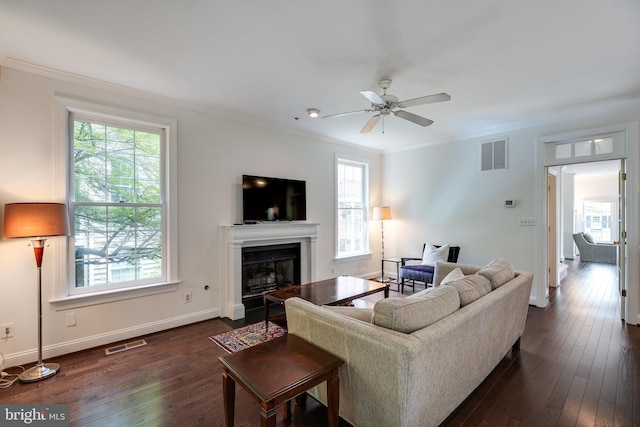 6732 Baron Rd, Mclean, VA 22101 - living area featuring a fireplace with flush hearth, dark wood-type flooring, crown molding, ceiling fan, and baseboards