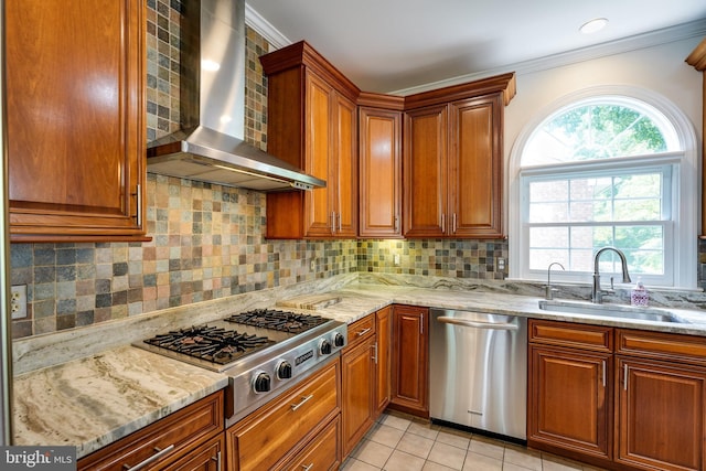 6732 Baron Rd, Mclean, VA 22101 - kitchen with wall chimney exhaust hood, appliances with stainless steel finishes, a sink, crown molding, and light stone countertops